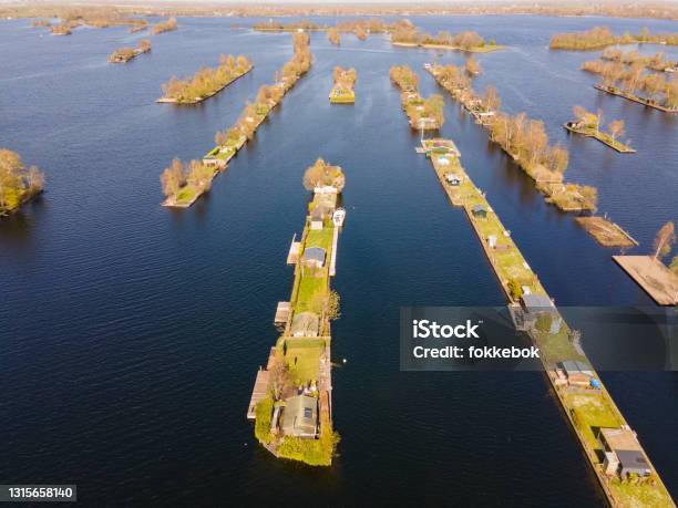 Aerial View Of Small Islands In The Lake Vinkeveense Plassen Near Vinkeveen Holland It Is A Beautiful Nature Area For Recreation In The Netherlands Stock Photo - Download Image Now