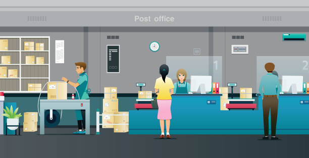 Send a parcel at the post office People are sending parcels to the counter staff in the post office. post office stock illustrations