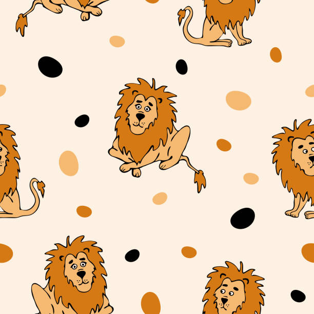 ライトイエローの背景にライオンとシームレスなベクトルパターン。子供のためのシンプルな漫画の動物の壁紙のデザイン。楽しい動物園のファッションテキスタイル。 - backgrounds spotted seamless fun点のイラスト素材／クリップアート素材／マンガ素材／アイコン素材