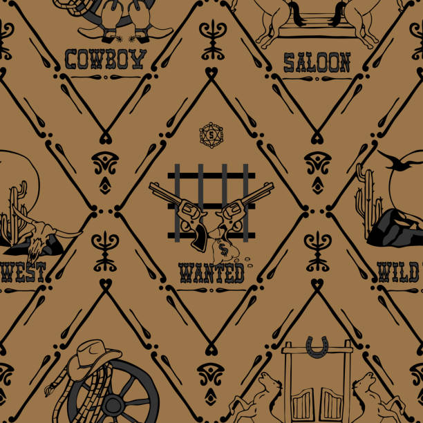 ilustrações de stock, clip art, desenhos animados e ícones de seamless vector pattern with vintage texas logo on brown background. decorative wild west wallpaper design. cowboy fashion textile. - cowboy hat hat wild west black