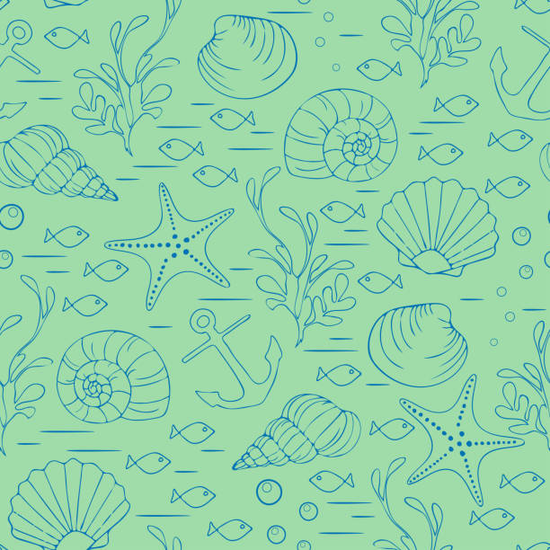 緑の背景にアウトラインされた貝殻を持つシームレスなベクトルパターン。シンプルな水中壁紙のデザイン。装飾的な水生ファッションテキテキ。 - seaweed sea pattern green点のイラスト素材／クリップアート素材／マンガ素材／アイコン素材
