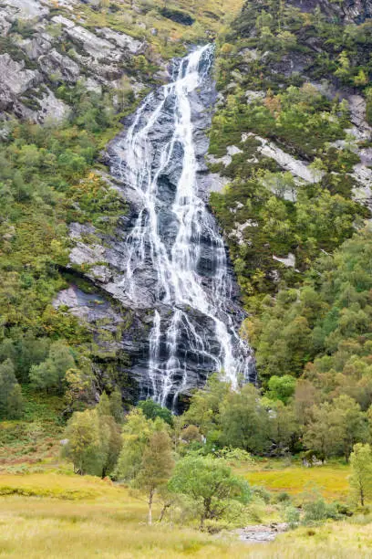 Steall Waterfall in Glen Nevis near Fort William, Highland, Scotland. It is the second-highest waterfall in Scotland, with a single drop of 120 metres (390 feet).