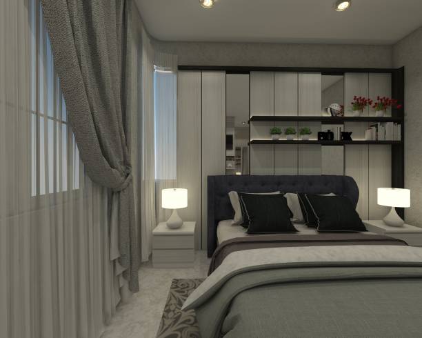 istock Wooden Headboard Panel With Shelving Racks Display For Interior Master Bedroom 1315665667