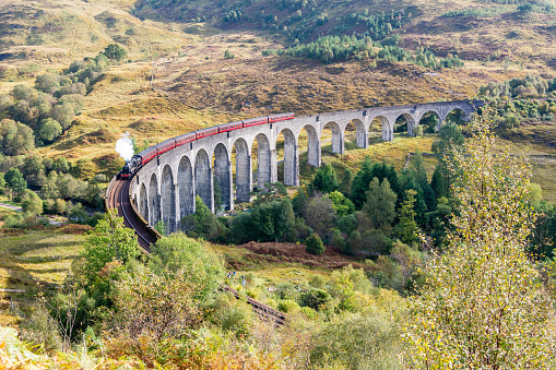 Glenfinnan Railway Viaduct in Scotland, with a steam train crossing. The viaduct was built in 1901. It is the longest concrete railway bridge in Scotland at 416 yards (380 m), and crosses the River Finnan at a height of 100 feet (30 m).