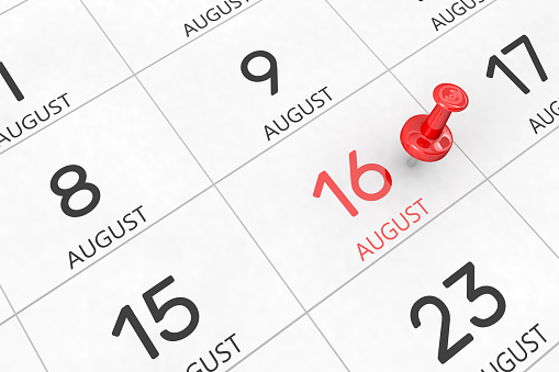 3d rendering of important days concept. August 16th. Day 16 of month. Red date written and pinned on a calendar. Summer month, day of the year. Remind you an important event or possibility.
