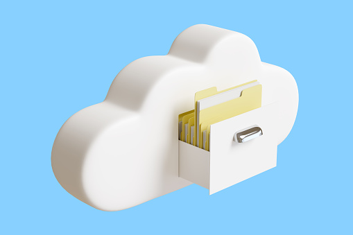 Cartoon cloud with drawer full of folders with files isolated on blue background. 3d illustration.