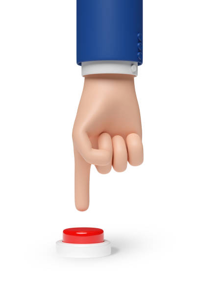 istock Cartoon hand pushing a red button isolated on white background. 3d illustration. 1315668268
