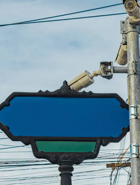 Photo of Blank empty blue typical Asian street road sign Bangkok Thailand.