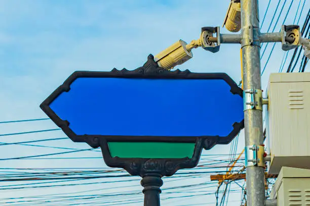 Photo of Blank empty blue typical Asian street road sign Bangkok Thailand.