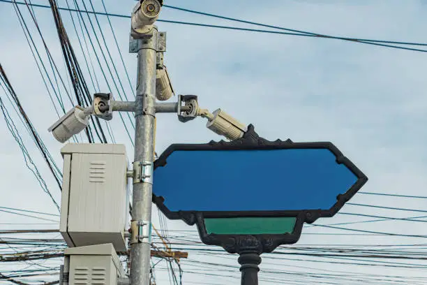 Photo of Blank empty blue typical Asian street road sign Bangkok Thailand.