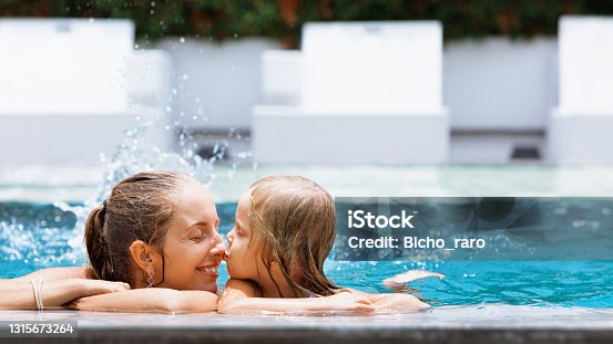 istock Happy people have fun at pool side edge. 1315673264