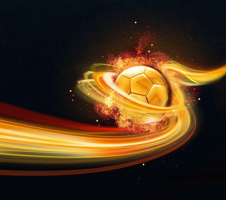 Golden Soccer ball floating in orange light beam through space