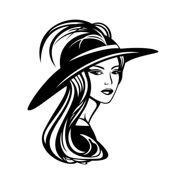 illustrazioni stock, clip art, cartoni animati e icone di tendenza di ritratto vettoriale di donna elegante con i capelli lunghi che indossano cappello largo con piume - ascot