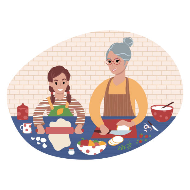 Grandmother and granddaughter preparing meal together. Flat style illustration. Senior woman and her grandchild preparing food together. Teaching child to cook. Grandmother and granddaughter time. Flat style illustration. middle aged woman cooking stock illustrations