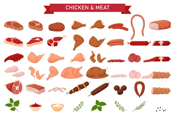 ilustraciones, imágenes clip art, dibujos animados e iconos de stock de conjunto de carne grande. salchichas, pollo a la parrilla, carne cruda, cortes de salchichas, cerdo, nudillos, costillas, pechuga de pollo, kebab shish, albóndigas, manteca de cerdo, hierbas, salsas, . situado en un estilo de dibujos animados plano. aisla - cooked chicken white background grilled chicken