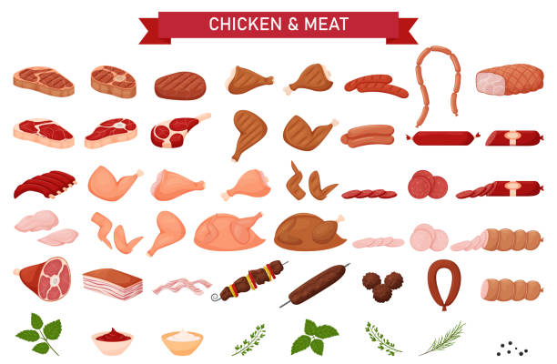ilustrações de stock, clip art, desenhos animados e ícones de large meat set. sausages, grilled chicken, raw meat, sausage cuts, pork, knuckle, ribs, chicken breast, shish kebab, meatballs, lard, herbs, sauces, . set in a flat cartoon style. isolated on white. - barbecue chicken illustrations