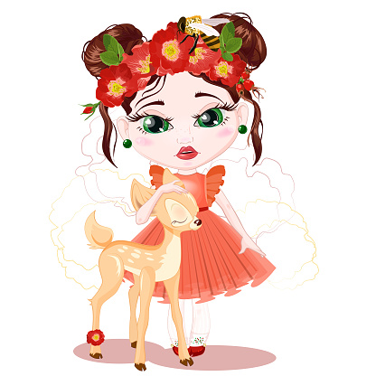 Image of a red-haired girl and a little fawn. Girl wearing a wreath of red roses. Cute baby with his pet animal