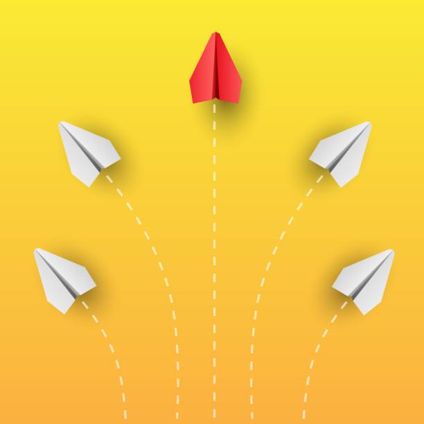 Individuality concept. Individual and unique leader red paper plane flies to the side. Think different. Vector vector art illustration