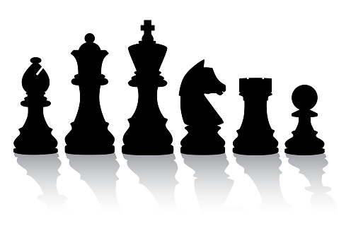 Vector set of six chess pieces with reflections.