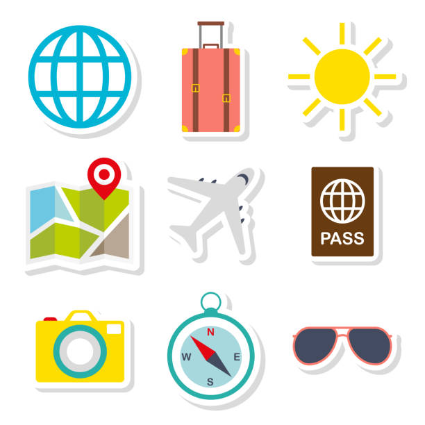 Stickers icon for tourism set, Vacation elements, Journey in holidays. Flat style vector illustration. travel sticker stock illustrations