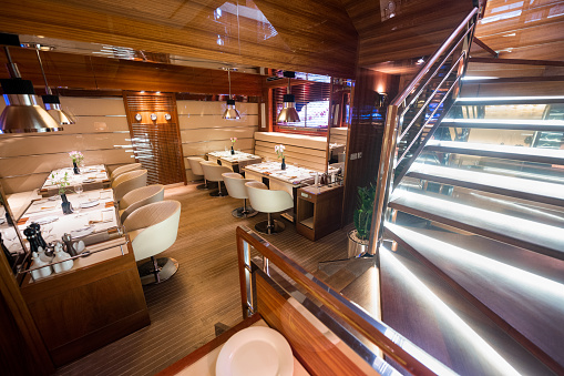 Interior design of a luxury restaurant that can be used as a commercial space.