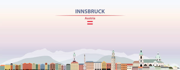 国と都市名とオーストリアの旗と日没空背景ベクトルイラストにインスブルック市街並み - silhouette tirol innsbruck austria点のイラスト素材／クリップアート素材／マンガ素材／アイコン素材