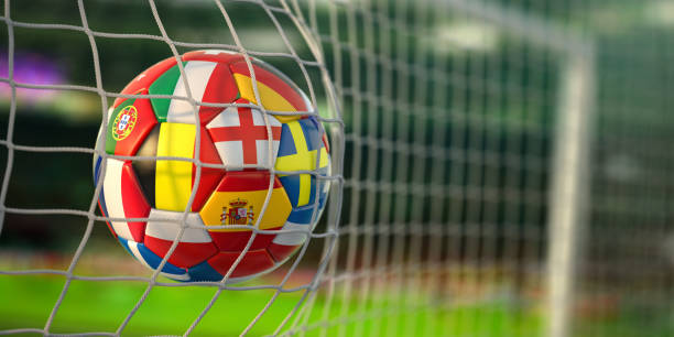 Football ball with flags of european countries in the net of goal of football stadium. Football ball with flags of european countries in the net of goal of football stadium.  3d illustration fifa world cup stock pictures, royalty-free photos & images