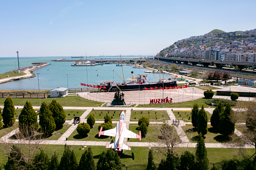 Canik, Samsun / Turkey - 27 April 2021: Aerial view. Monument of the first step of the national liberation struggle in Bandirma Ferry and National Struggle Park Open Air Museum in a clear day. Aerial view.
