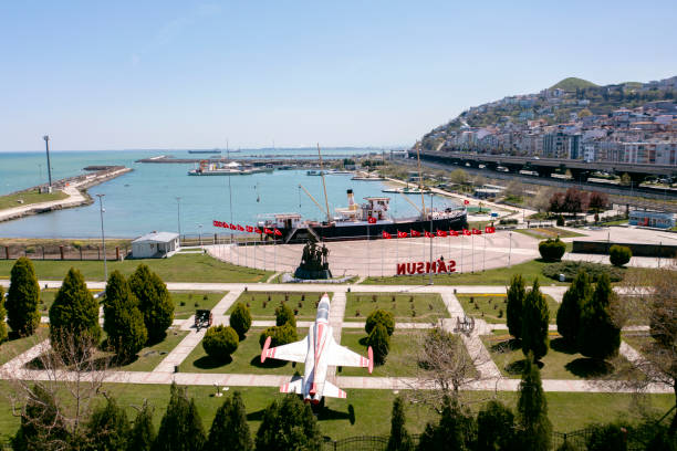 Aerial view of Bandirma Ferry in Canik, Samsun, Turkey. Canik, Samsun / Turkey - 27 April 2021: Aerial view. Monument of the first step of the national liberation struggle in Bandirma Ferry and National Struggle Park Open Air Museum in a clear day. Aerial view. 1910 1919 photos stock pictures, royalty-free photos & images