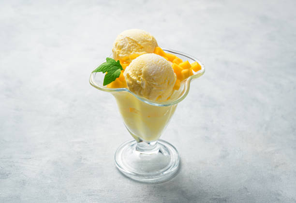 istock Ice cream with mango and mint on a gray background 1315705315