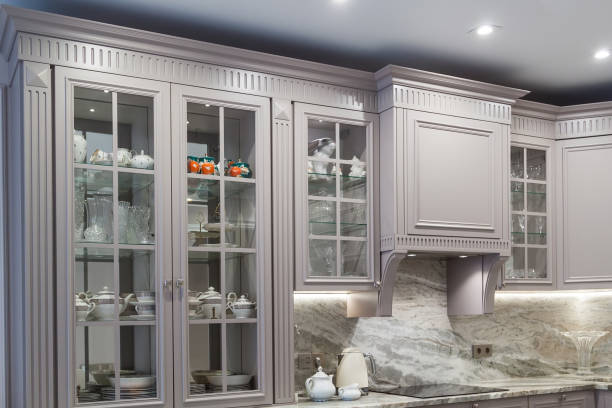istock Modern beige and grey colored kitchen interior classic style with marble countertop in luxury apartment 1315708248