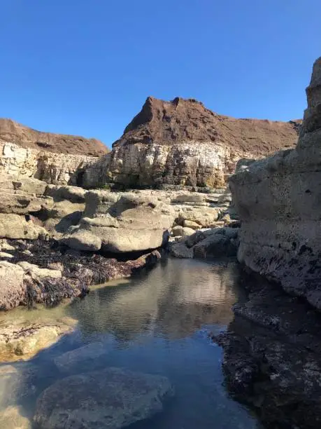 The Nab, Thornick Bay, seen at low tide and reflected in rock pool in bright sunshine and under blue skies, Thornick Bay, Flamborough, Bridlington, East Ridings, Yorkshire, Yorkshire Coastline, North Sea, England, United Kingdom