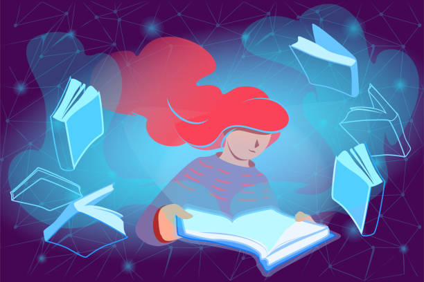 istock E reading concept in modern style. Woman reads online books. Distance education technology flat design. Virtual knowledge, digital library illustration. Web study, learning space. Vector graphic 1315720987