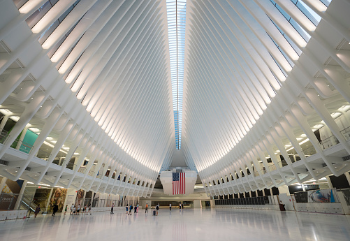 New York City, USA - May 30, 2016: Wide angle view of The World Trade Center Transportation Hub or Oculus Designed by Santiago Calatrava Architect.