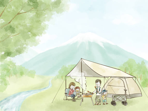 Family of four enjoying camping Family of four enjoying camping family reunion images pictures stock illustrations