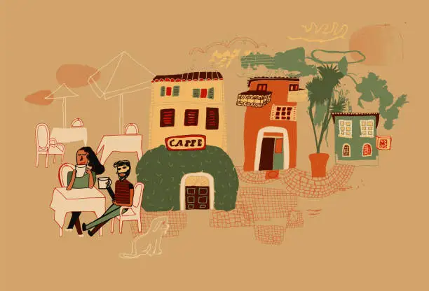 Vector illustration of Couple drinking coffee at the cafe in Rome