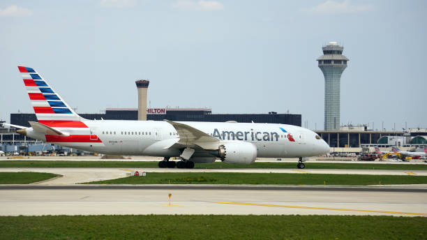 아메리칸 항공 보잉 787 드림라이너 랜즈 앳 시카고 오헤어 - boeing 787 air vehicle airplane 뉴스 사진 이미지
