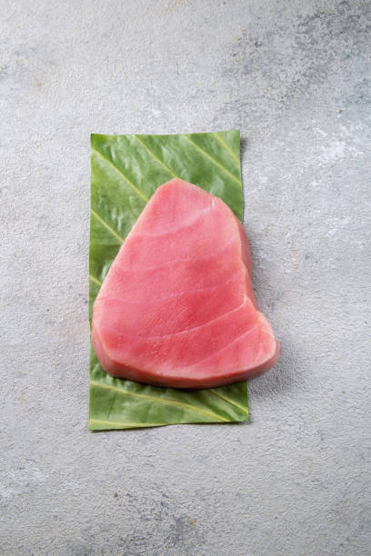 bife de atum cru na folha verde, fundo cinza - tuna prepared ahi sashimi sushi - fotografias e filmes do acervo