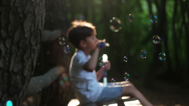 Little boy having fun blowing bubbles