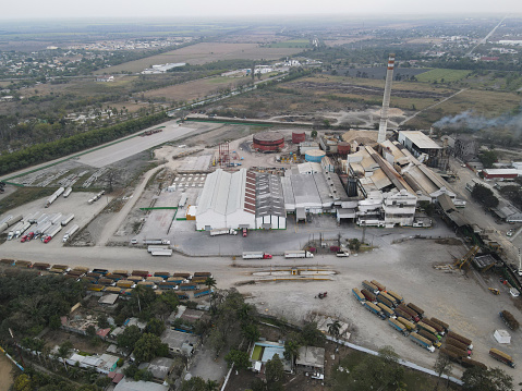 Aerial view of sugar cane processing plant.