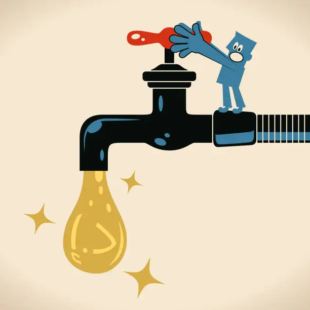 Vector illustration of Blue man turning on or turning off the tap (faucet) to solve the water leak (water droplet of United Arab Emirates Currency sign)