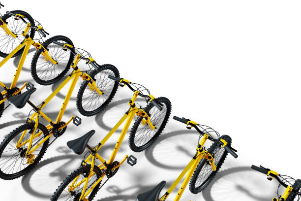 istock Mountain bikes in a row isolated on white background 1315753986
