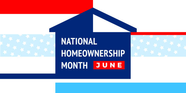 National homeownership month. Vector banner for social media, card, poster. Illustration with text National homeownership month, June. The house on the background of the colors of the American flag. National homeownership month. Vector banner for social media, card, poster. Illustration with text National homeownership month, June. The house on the background of the colors of the American flag. HomeownershipMonth. new home stock illustrations