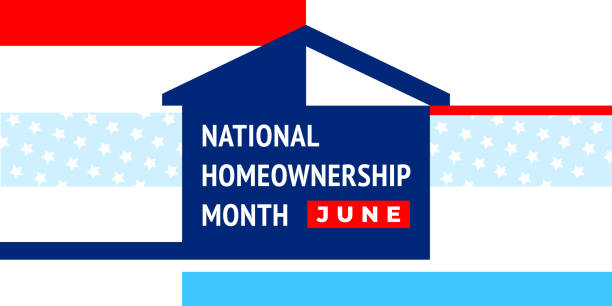 National homeownership month. Vector banner for social media, card, poster. Illustration with text National homeownership month, June. The house on the background of the colors of the American flag. National homeownership month. Vector banner for social media, card, poster. Illustration with text National homeownership month, June. The house on the background of the colors of the American flag. HomeownershipMonth. american flag house stock illustrations