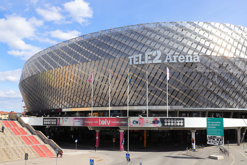 Stockholm, Sweden - April 27, 2021: Exterior view of the Tele2 Arena hosting football and concerts.