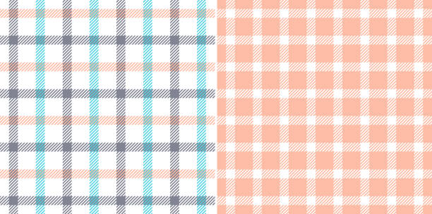 ilustrações de stock, clip art, desenhos animados e ícones de check pattern set in grey, blue green, coral pink, white. seamless windowpane tartan plaid for shirt, dress, skirt, handkerchief, napkin, other modern spring summer everyday fashion textile print. - tattersall