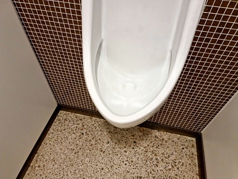 New modern urinal with nice brown ceramic pattern and polished concret floor.