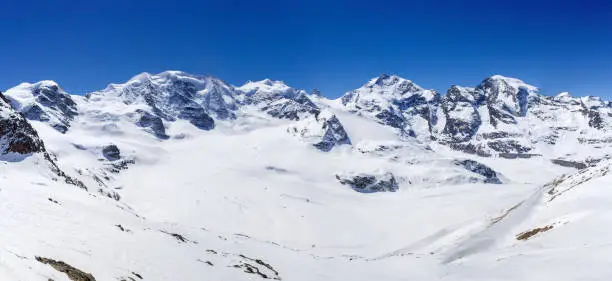 Panorama of Swiss Alp mountains ridge of Diavolezza, Grisons, Switzerland