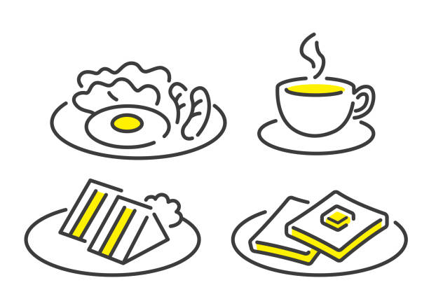 вектор иллюстрация материал: завтрак кулинария, установить - coffee fried egg breakfast toast stock illustrations