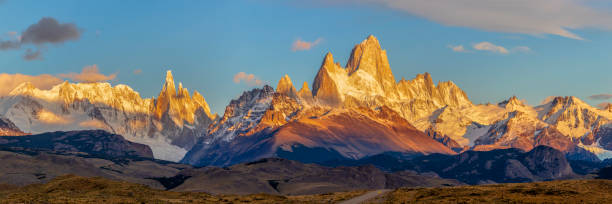 Panoramic view of the Cerro Torre and the Fitz Roy Patagonia - Argentina, Patagonia - Chile, Argentina, Steppe, Patagonian Andes mt fitzroy photos stock pictures, royalty-free photos & images
